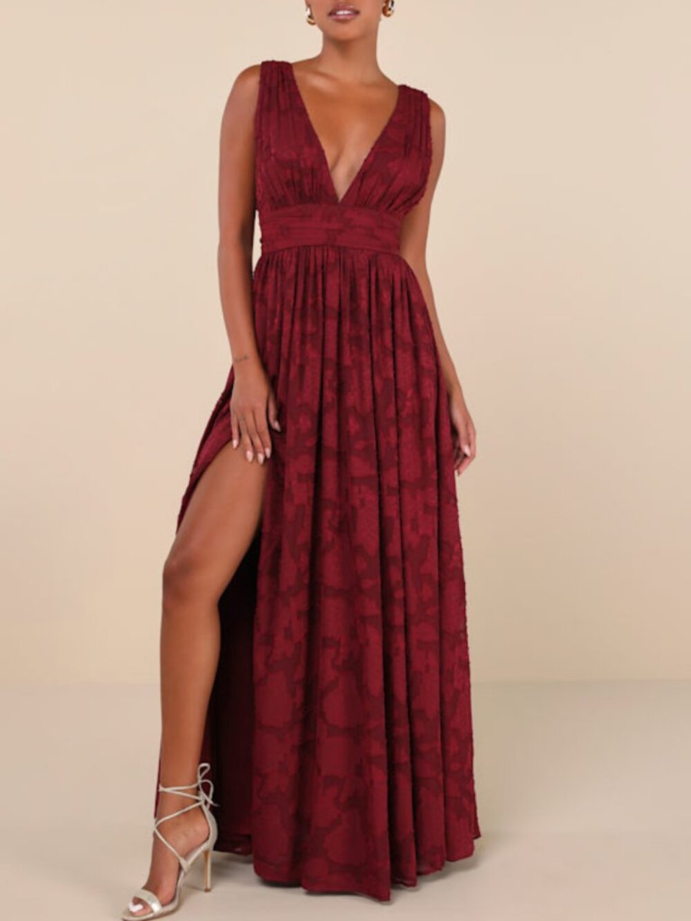 Lulus Sweet Sophistication Burgundy Burnout Floral Maxi Dress Red - Size L